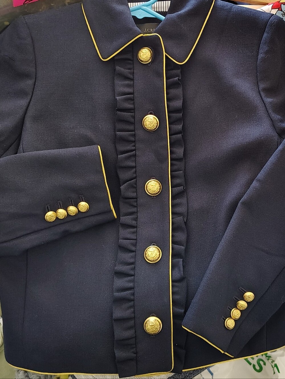J.Crew Navy Jacket with Gold Piping & Buttons with Ruffles Down the Front Size 0 - Picture 8 of 15